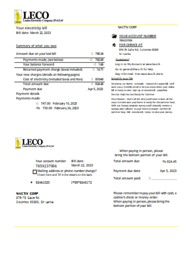 LECO Corporation electricity business bill, SCR PSD template